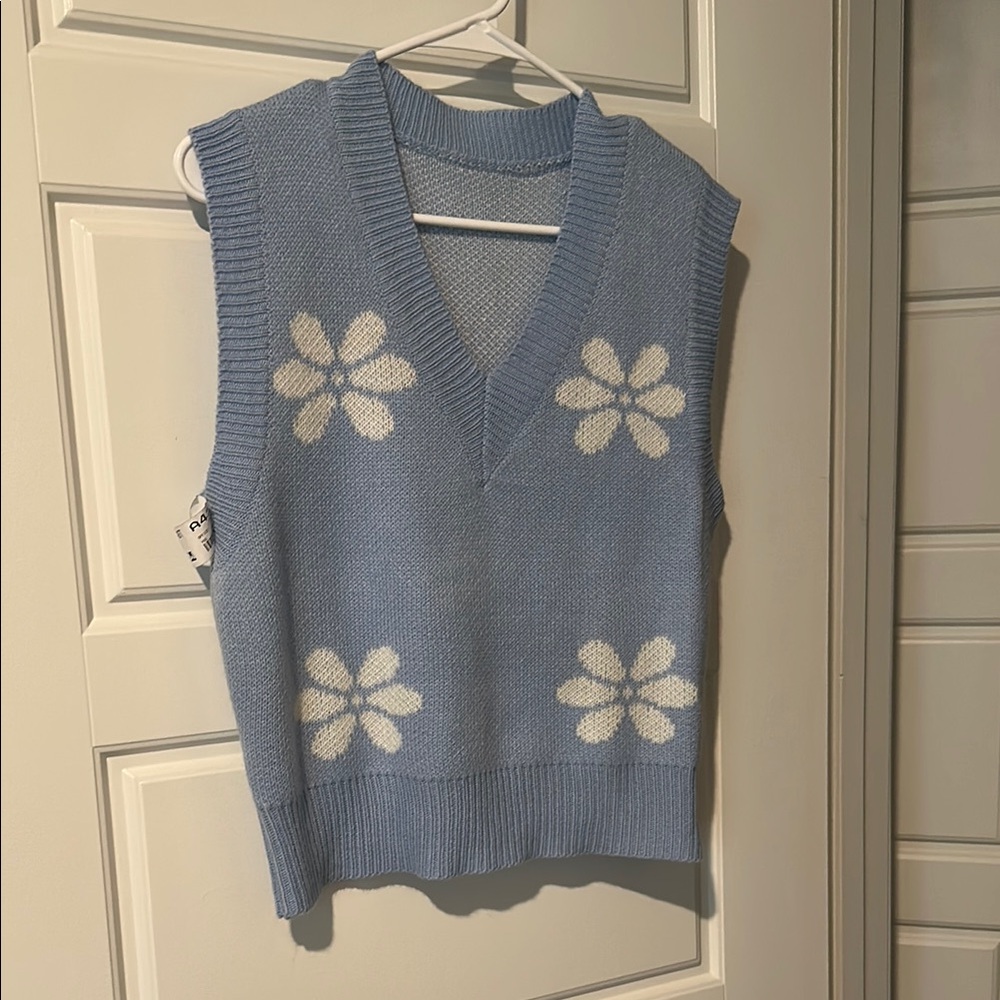 Blue Floral Knit Sweater Vest